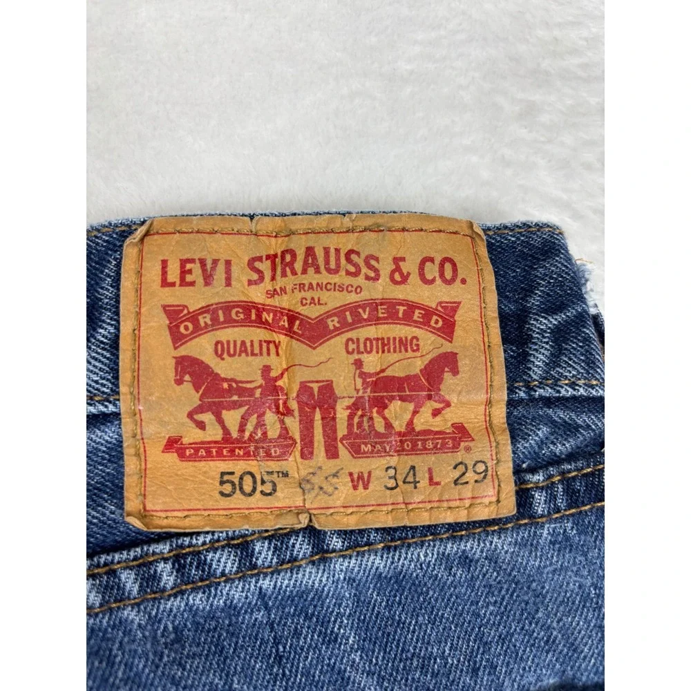 Levis 505 Mens 34x29 Jeans Medium Blue Grungy Wash Denim Nice High Low Fades